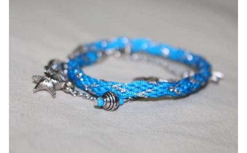 Kumihimo wrap around bracelet - Blue with Silver Charms