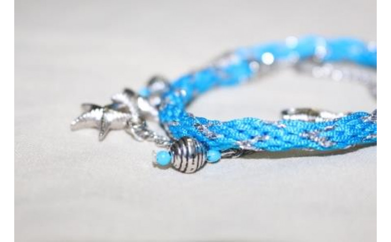 Kumihimo wrap around bracelet - Blue with Silver Charms